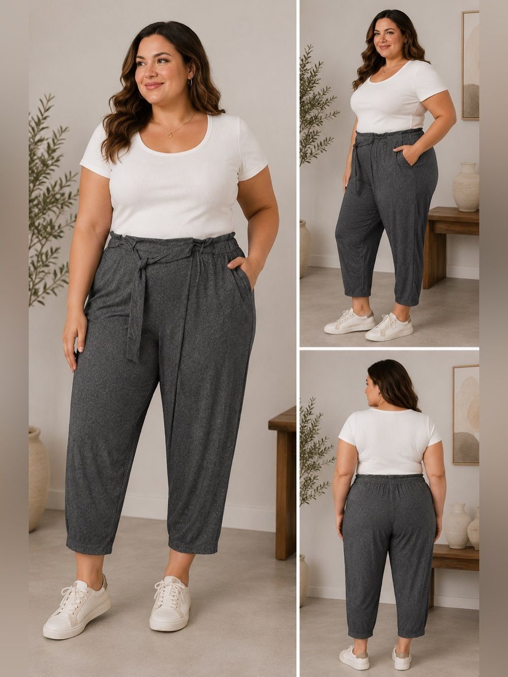 A New Day Plus Size High Rise Tie Waist Cropped Pants Gray 22W Stretch Pull-On